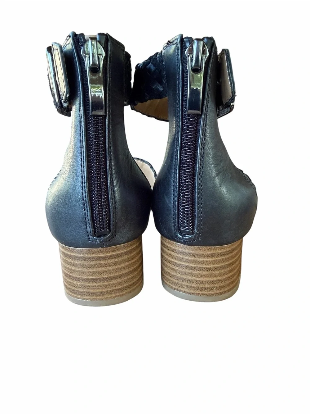 Franco Sarto Black Tate Woven Leather and Fabric Block Heel Sandals Sz 7